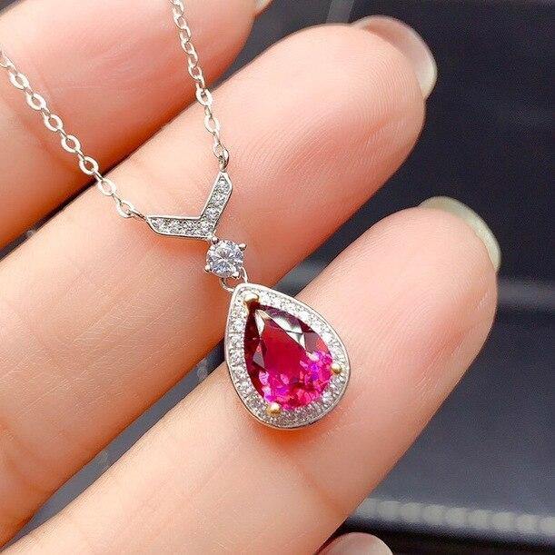 925 Sterling Silver Natural Rubellite Water Drop V-shaped Romantic Pendant - The Jewellery Supermarket