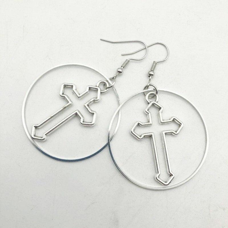 Handmade Simple Cool Vintage Silver Color Cross Charms Drop Earrings Jewellery - Best Christian Gift For Women - The Jewellery Supermarket