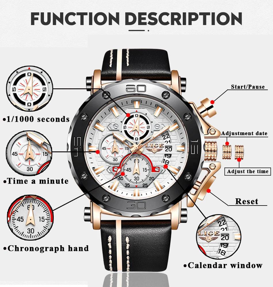 New Top Brand Fashion Sport Leather Watches - Luxury Date Waterproof Quartz Chronograph Mens Watches - The Jewellery Supermarket