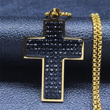 Black AAA CZ Crystal Stainless Steel Jesus Cross Pendant Necklaces - Gold Colour Chain Christian Necklace - The Jewellery Supermarket