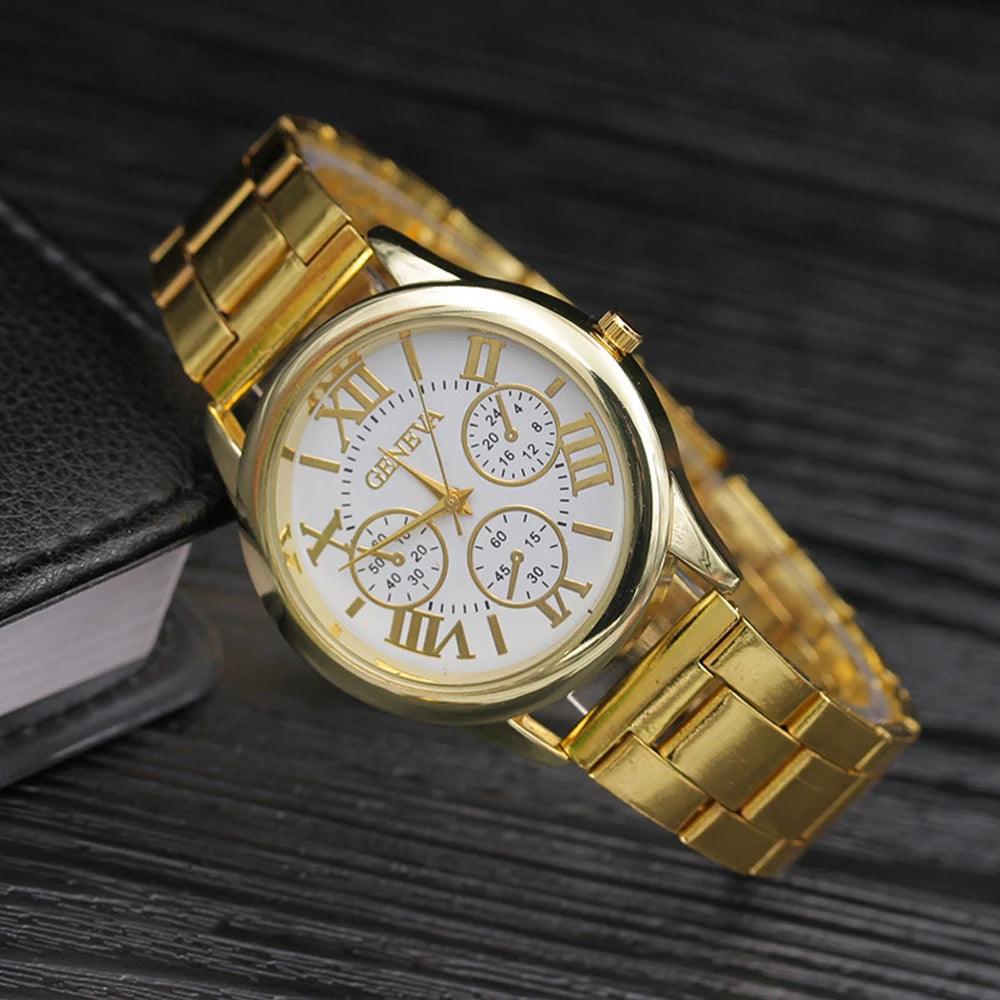 New Arrival Famous Brand 3 Dials Gold Colour Geneva Casual Stainless Steel Dress Quartz Watches for Women - The Jewellery Supermarket