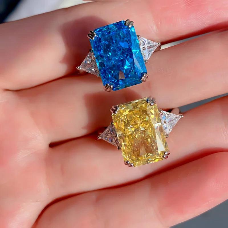 Exceptional Silver Luxury Blue, Yellow 10*14 AAAAA High Carbon Diamond Big Rings - Female Fine Jewellery - The Jewellery Supermarket