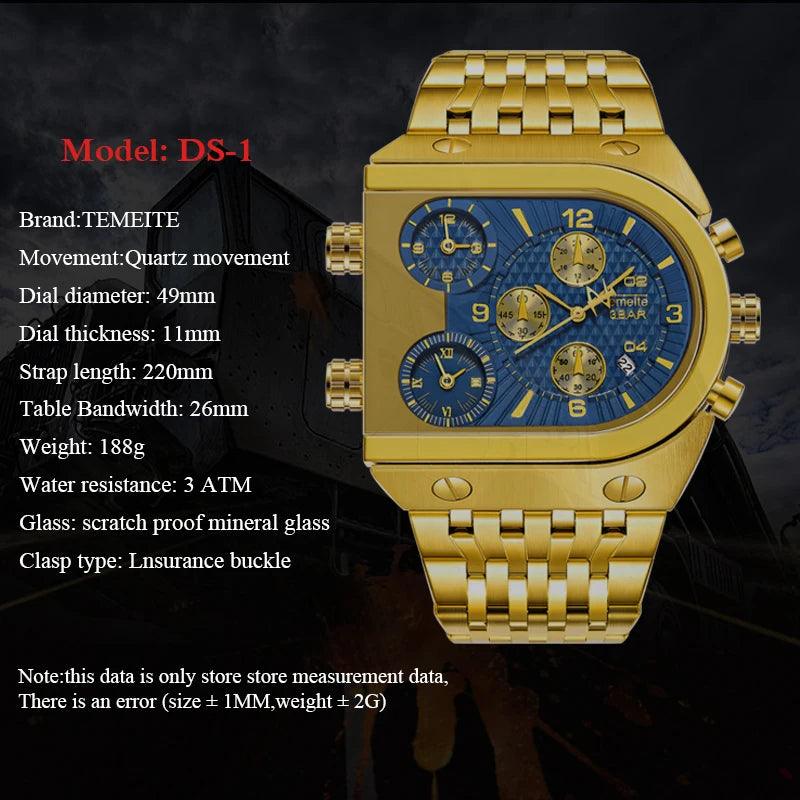 Top Brand Luxury Gold Tone Big Dial 3 Time Zone Military Style Hipster Watches -  Waterproof Sport Men's Watches