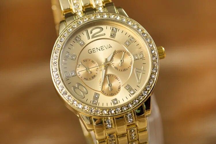 New Arrival Luxury Geneva Brand Women Gold Stainless Steel Quartz Rhinestone Crystals Casual Wrist Watches - The Jewellery Supermarket