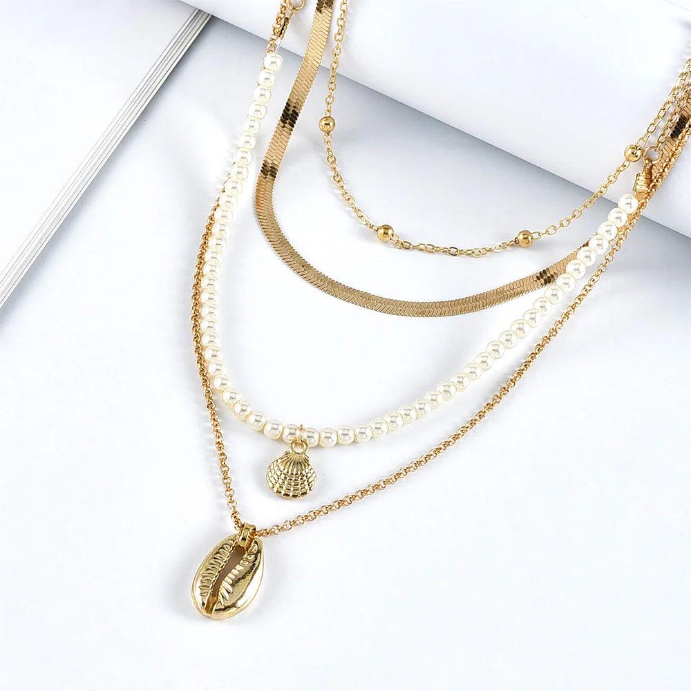 Boho Vintage Gold Colour Faux Pearl Snake Chain Shell Fashion Necklaces For Women, Girls Multilayer Jewellery - The Jewellery Supermarket