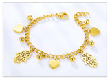 Stainless Steel Golden Hamsa Hand Heart Ball Pendant Charm Bracelets - Retro Cuban Link Adjustable Jewellery - The Jewellery Supermarket