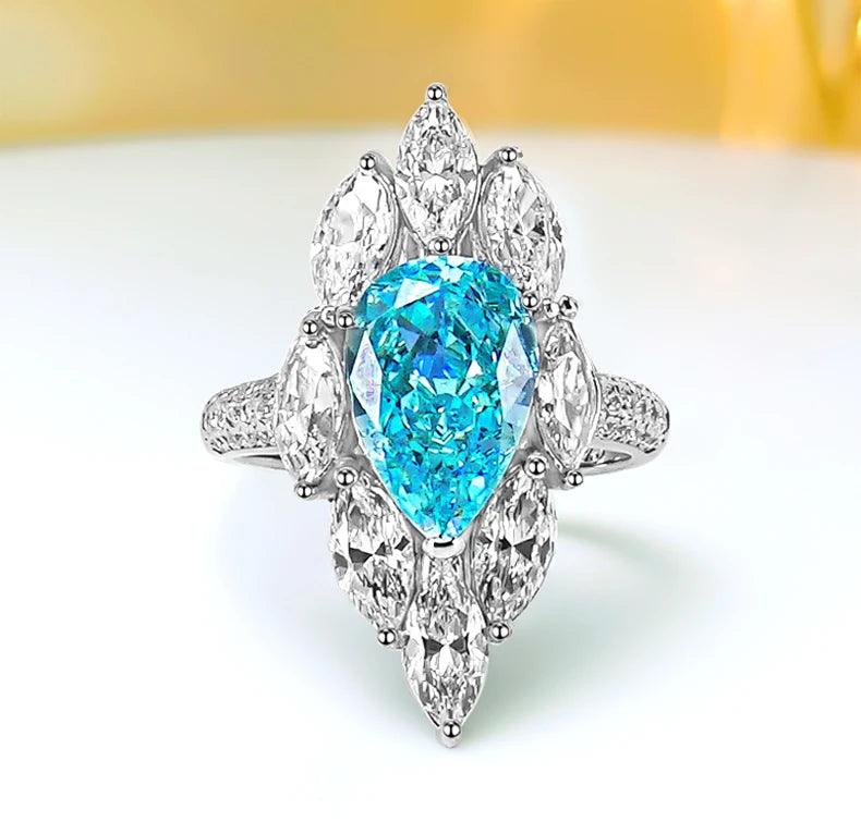 Luxury Aqua Blue Treasure Droplet High Quality AAAAA High Carbon Diamonds Ring - Fashion Silver Fine Jewellery - The Jewellery Supermarket