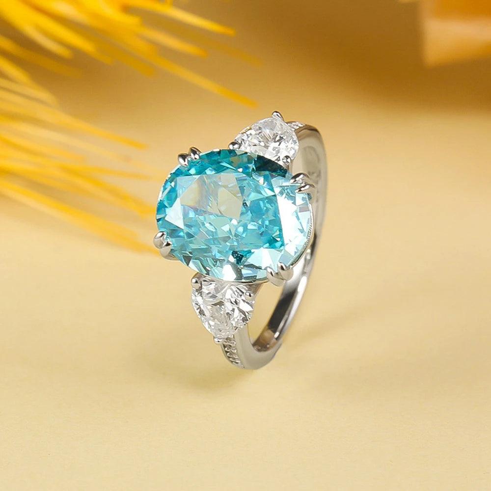 Splendid Luxury Oval Cut AAAA Lab Grown Aquamarine High Carbon Diamond Gemstone Silver Big Ring for Women - The Jewellery Supermarket