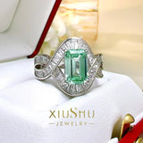 Emerald Cut Rock Sugar Rectangular AAAAA High Carbon Diamond Created Paraiba Green Tourmaline Big Rings - The Jewellery Supermarket