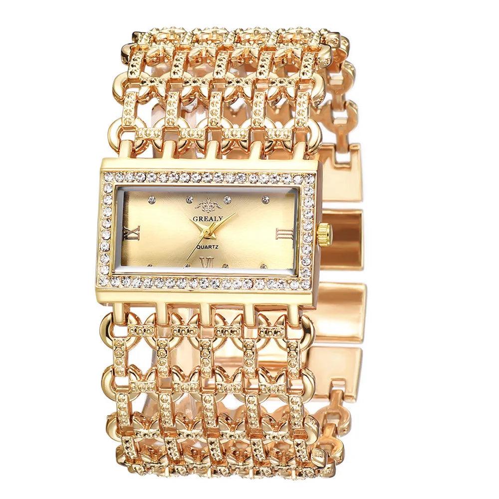 Fashion Light luxury Square CZ Diamonds Quartz Watches - Gold Colour Stainless Steel Bracelet - The Jewellery Supermarket