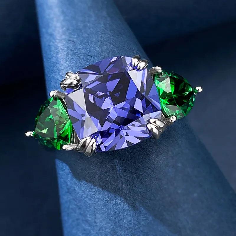 Vantage Silver 10x10MM Cushion Cut Lab Created Tanzanite Emerald Gemstone Rings for Women - Fine Jewellery - The Jewellery Supermarket