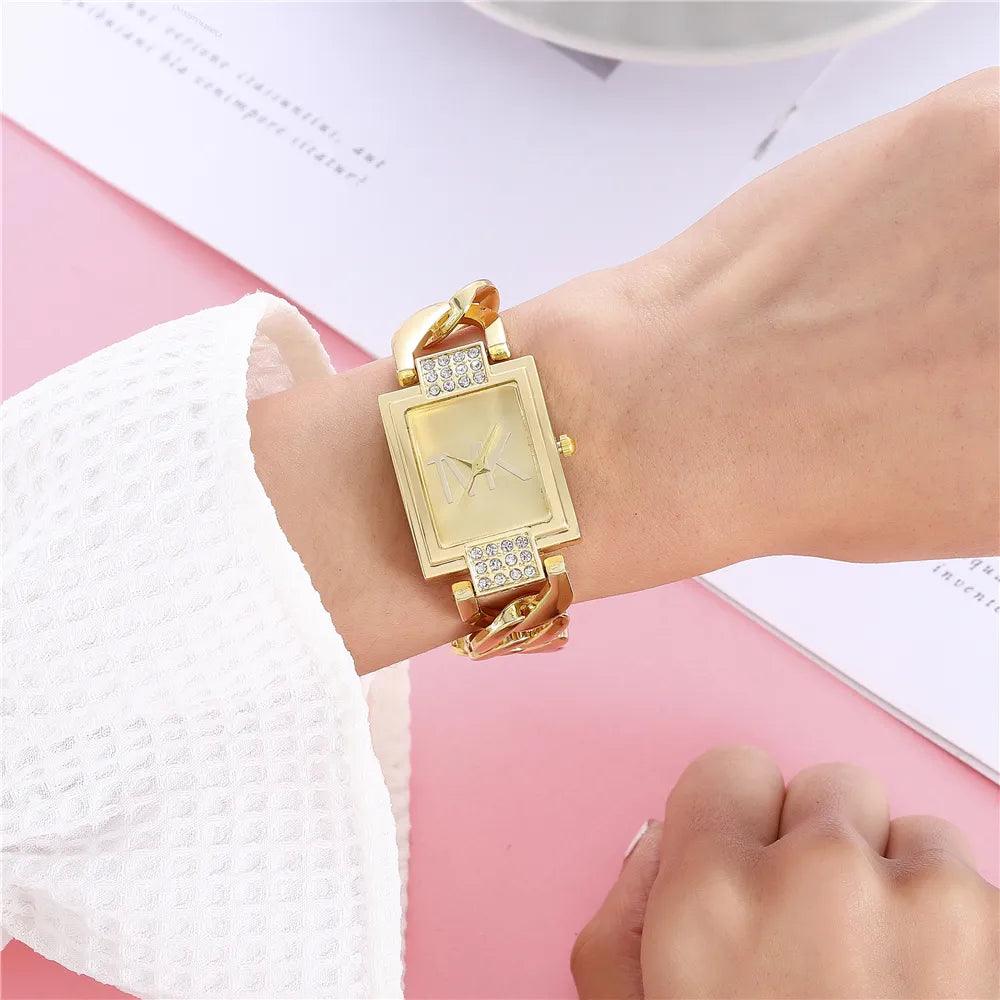 New Arrival Luxury Gold Brand Fashion Square With CZ Diamonds Simple Ladies Quartz Stainless Steel Strap Watches - The Jewellery Supermarket