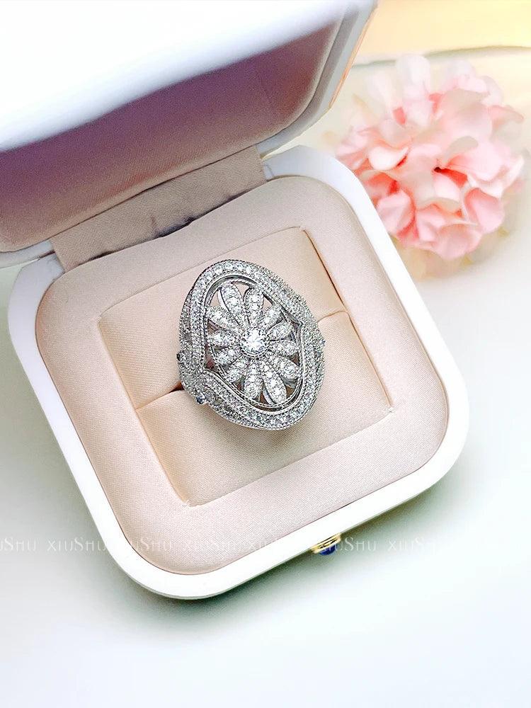 Retro Daisy Design High Quality AAAAA High Carbon Diamonds Layered on Index Finger Engagement Party Fine Rings - The Jewellery Supermarket