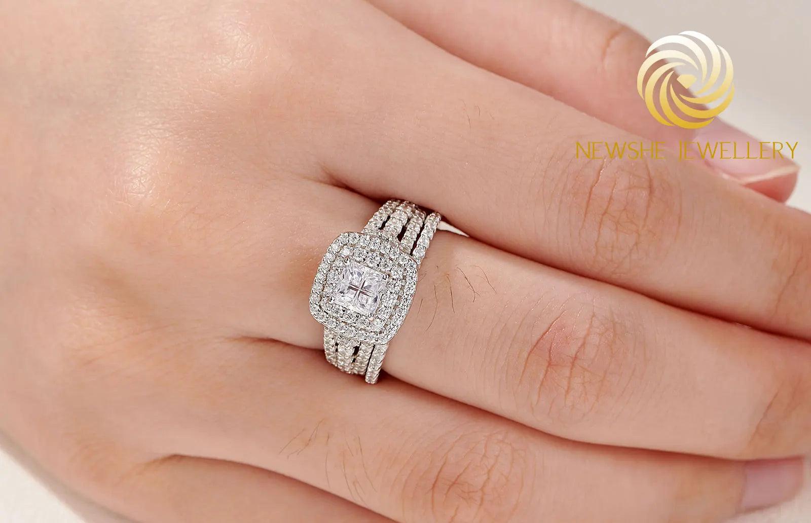 Elegant Princess Cross Cut AAAAA Quality High Carbon Lab Created Diamonds Halo Jewellery Ring Set for Women - The Jewellery Supermarket
