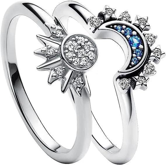 New Sky Blue Sparkling Moon and Sun Rings - Quality Ladies Stackable 2pc/set Set Fashion Jewellery - The Jewellery Supermarket
