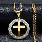 Cross AAA CZ Crystals Stainless Steel Round Pendant Necklace - Gold Colour Christian Chain Necklaces Jewellery