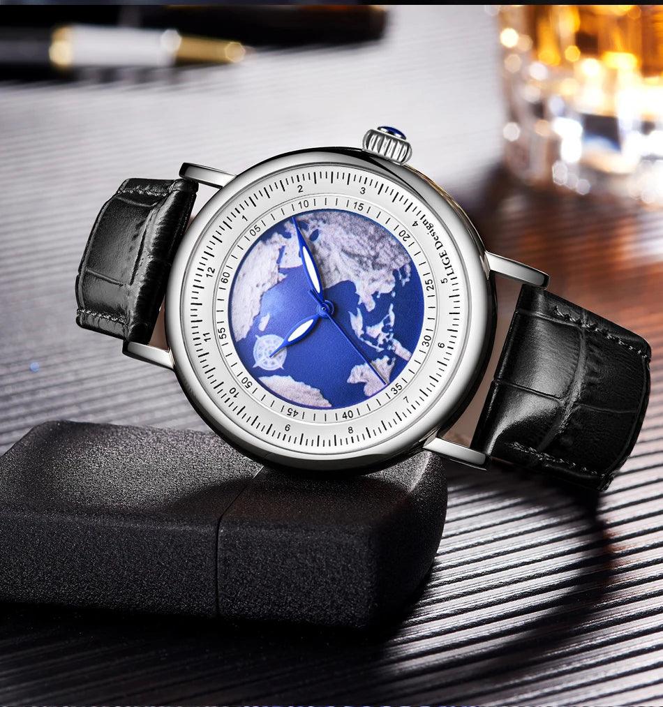 New Arrival Blue Planet Creative Earth Fashion Quartz Wristwatches -  Leather Sport Luminous Dial Mens Watches - The Jewellery Supermarket