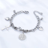 Fashion Cross Heart Beaded Charm Bracelets - Silver Colour Stainless Steel Cuban Chain Adjustable Bracelets