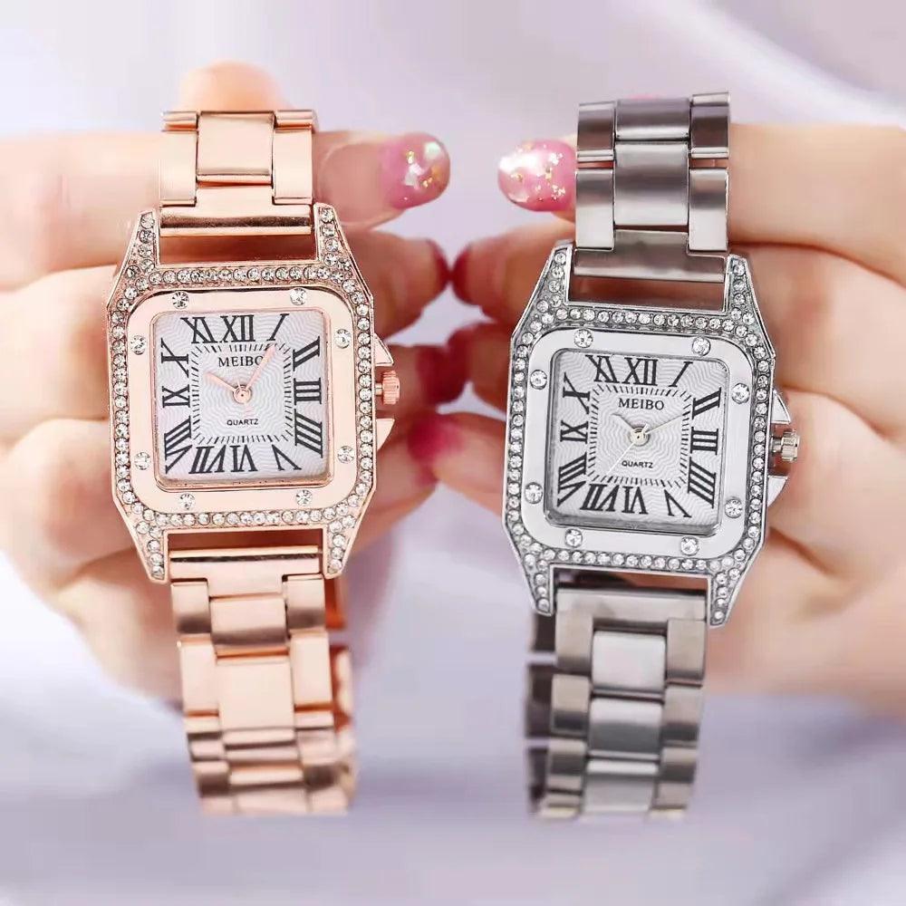 High Quality Square Design Fashion Business Ladies Stainless Steel Rose Gold Silver Colour Quartz Watches - The Jewellery Supermarket