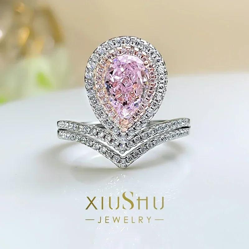 Admirable Queen Pear Shaped Cherry Blossom Pink High Quality AAAAA High Carbon Diamonds Ring - Versatile Jewellery - The Jewellery Supermarket