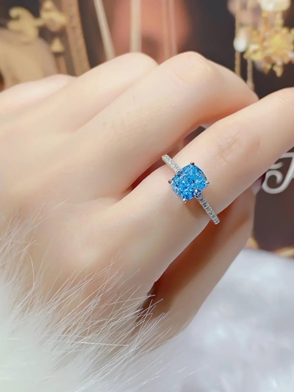 Sea Blue Radiant Cut Ring Set with High Quality AAAAA High Carbon Diamonds - Fashion Engagement Jewellery - The Jewellery Supermarket