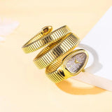 Iced Out Fashion Diamond Gold Steel Wrapped Strap Snake Bracelet Women's Watch - Quartz Watches for Women