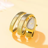 Iced Out Fashion Diamond Gold Steel Wrapped Strap Snake Bracelet Women's Watch - Quartz Watches for Women