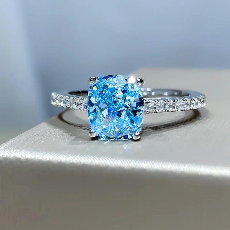 Sea Blue Radiant Cut Ring Set with High Quality AAAAA High Carbon Diamonds - Fashion Engagement Jewellery - The Jewellery Supermarket