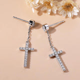 Splendid Round Cut Moissanite Diamonds Tassel Chain Cross Drop Earrings - Silver Religious Fine Jewellery