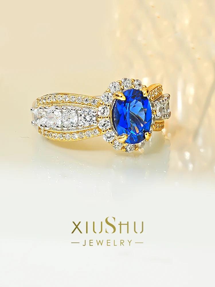 New Egg Shaped Blue Treasure Ring Set with High Quality AAAAA High Carbon Diamonds, Elegant Design, Fine Rings - The Jewellery Supermarket