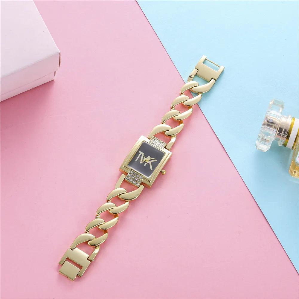 New Arrival Luxury Gold Brand Fashion Square With CZ Diamonds Simple Ladies Quartz Stainless Steel Strap Watches - The Jewellery Supermarket