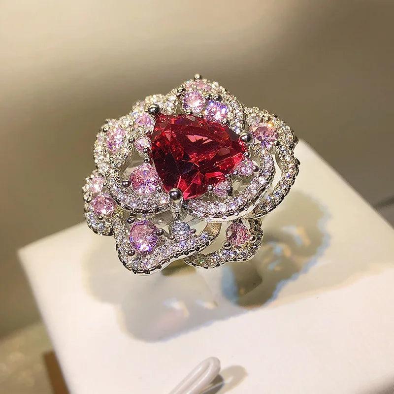 Remarkable Silver AAAAA High Carbon Diamond Color Ice Flower Cut Open Flower Big Ring, Ladies Birthday Jewellery - The Jewellery Supermarket