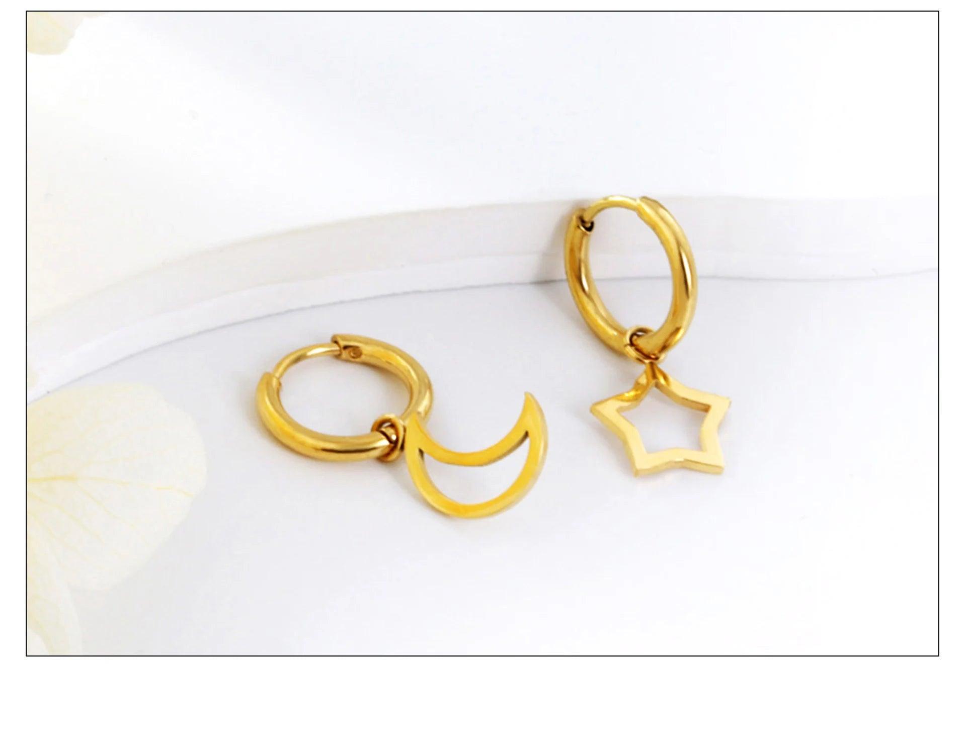 New Simple Geometric Charm Stainless Steel Huggies with Heart Star Moon Cross Design Hanging Hoop Earrings - The Jewellery Supermarket
