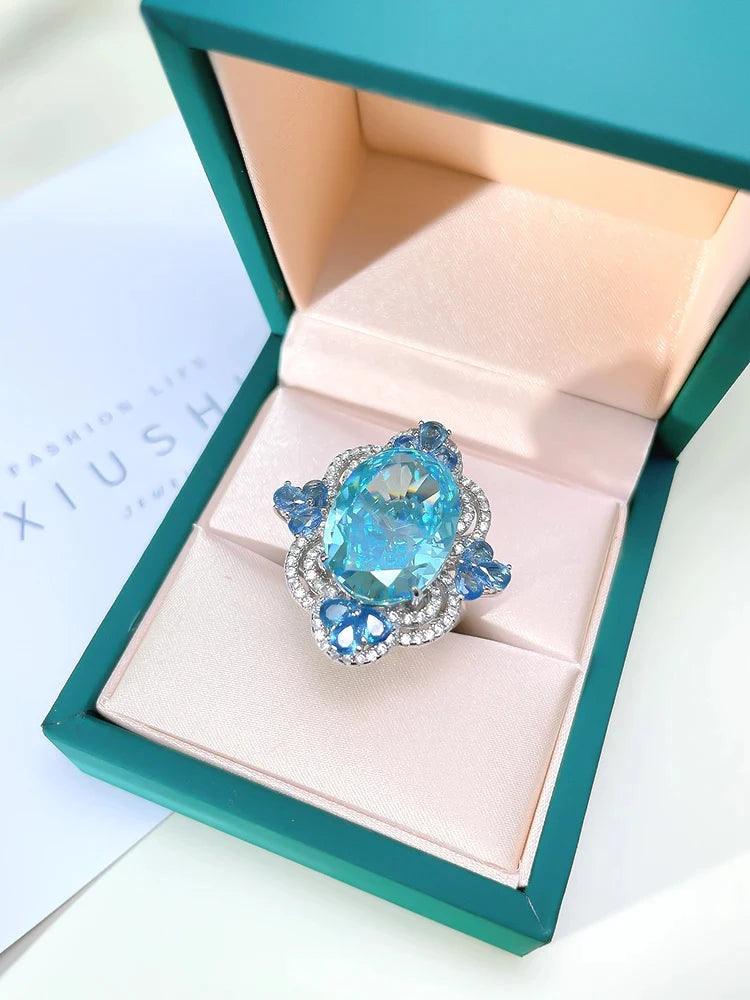 Luxury Egg-shaped Sea Blue Treasure Big Ring Inlaid with Premium AAAAA High Carbon Diamond - Retro Silver Rings - The Jewellery Supermarket