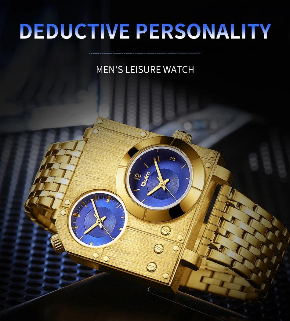 Golden Top Brand Luxury Men's Watches - Stainless Steel Quartz Clock Two Time Zone Unique Wristwatches - The Jewellery Supermarket