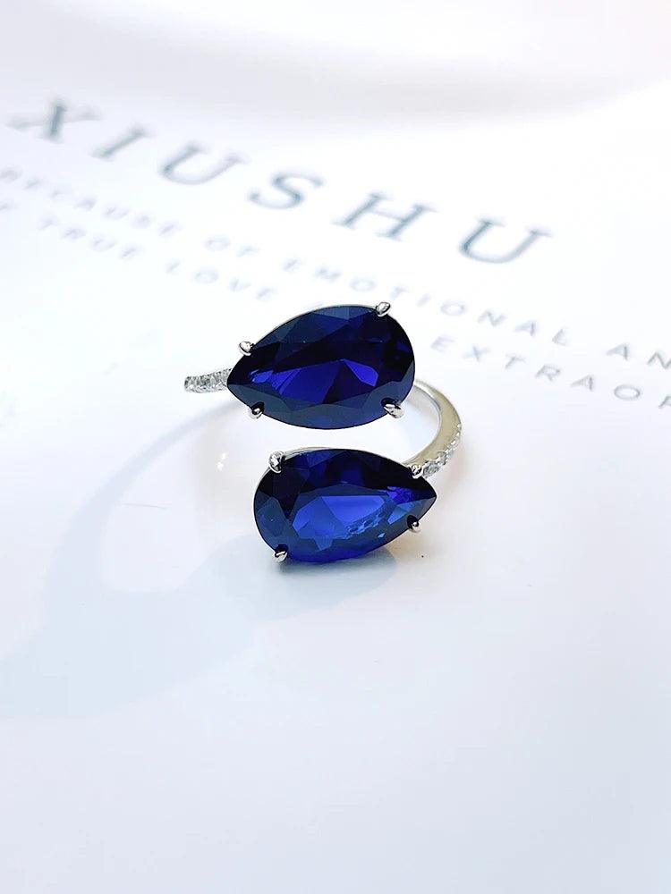 Fashionable Double Drop Royal Blue 925 silver ring set with AAAAA High Carbon Diamonds Versatile  High-End Big Ring - The Jewellery Supermarket