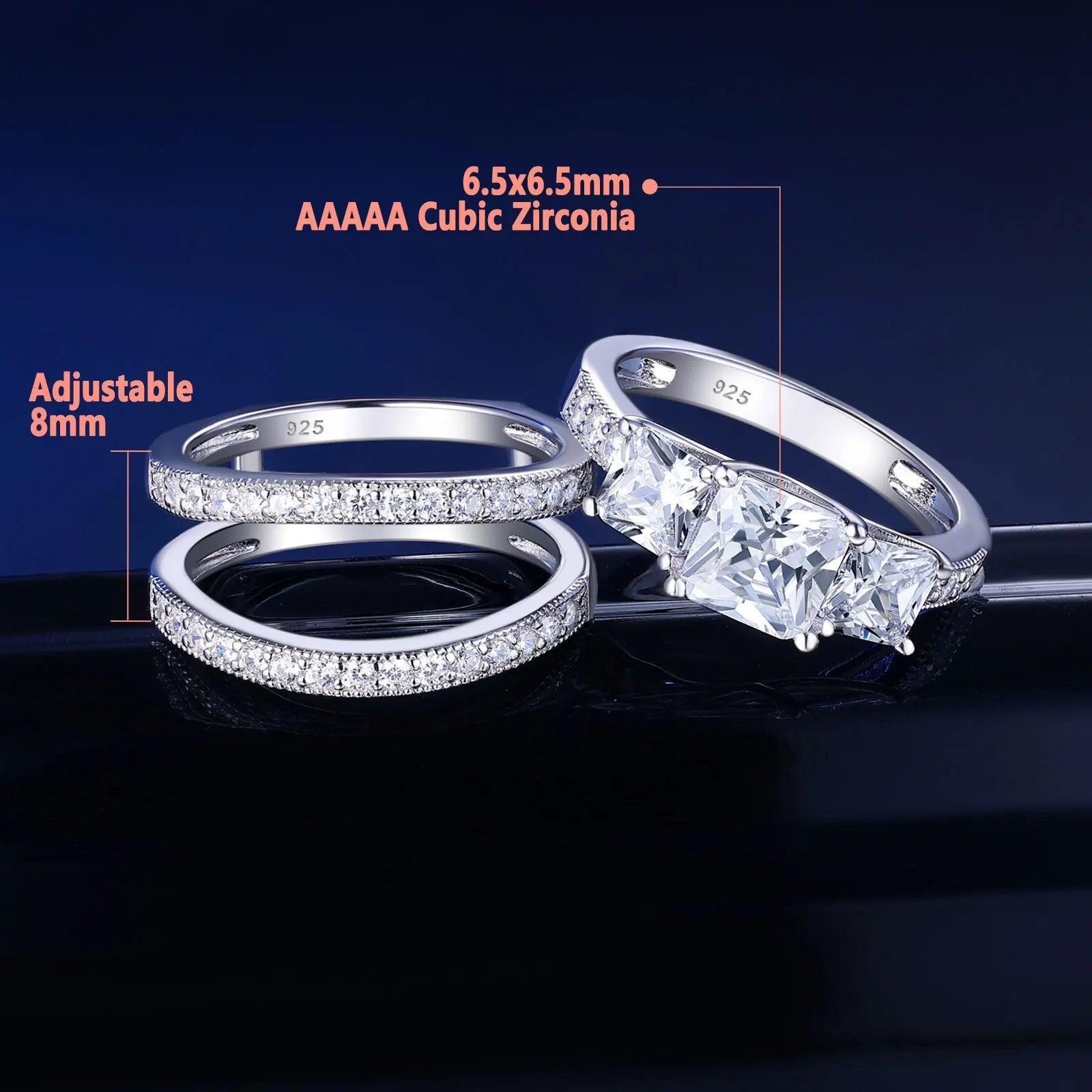 Stunning Three-Stone Princess Cut AAAAA Quality High Carbon Lab Created Diamond Fine Jewellery Rings Set - The Jewellery Supermarket