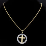 Cross AAA CZ Crystals Stainless Steel Round Pendant Necklace - Gold Colour Christian Chain Necklaces Jewellery - The Jewellery Supermarket