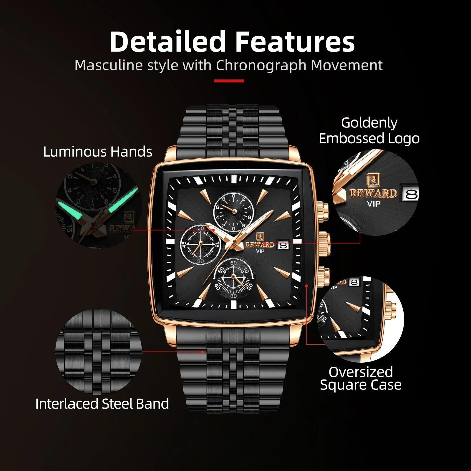 Top Brand Fashion Square Dial Analog Quartz Chronograph Luminous Waterproof Date Stainless Steel Mens WristWatches - The Jewellery Supermarket