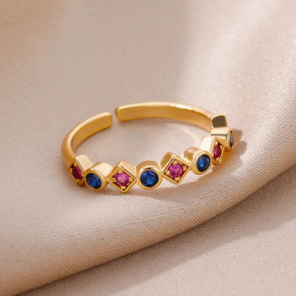 Colorful Cubic Zirconia Crystal Gold Colour Stainless Steel Fashion Trendy Aesthetic Rings For Women and Girls - The Jewellery Supermarket