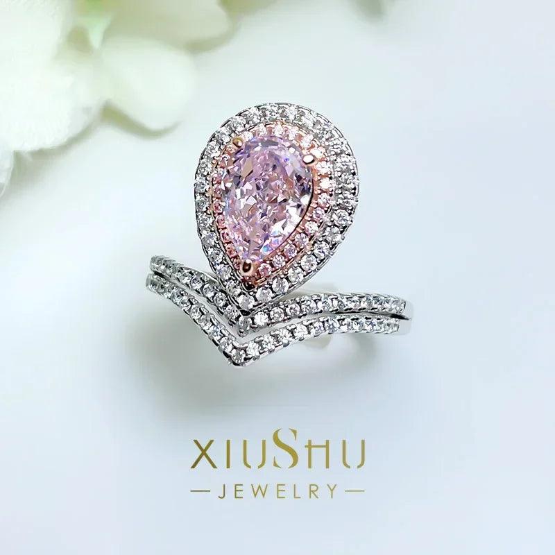 Admirable Queen Pear Shaped Cherry Blossom Pink High Quality AAAAA High Carbon Diamonds Ring - Versatile Jewellery - The Jewellery Supermarket
