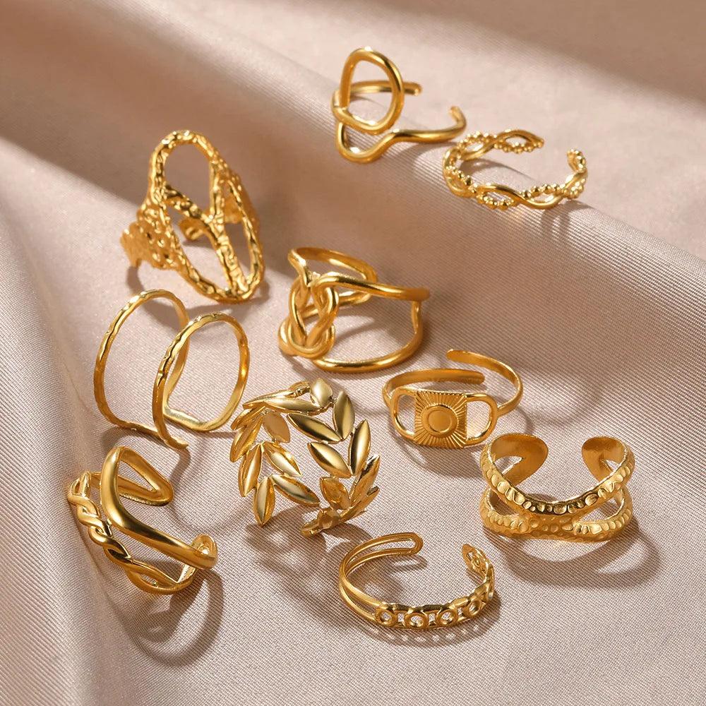 Fashion Heart Shape Stainless Steel 14K Gold Colour Hollow Geometric Star Flower Snake Leaf Rings For Women Girls - The Jewellery Supermarket
