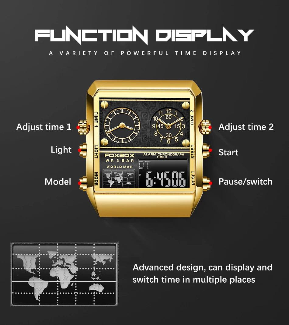 New Top Brand Luxury Gold Stainless Steel Sport Square Digital Analog Big Quartz Fashion Hipster Wristwatches - The Jewellery Supermarket