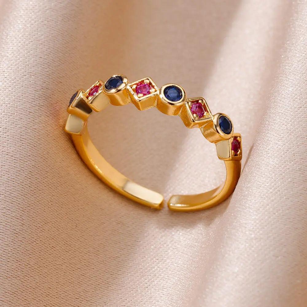 Colorful Cubic Zirconia Crystal Gold Colour Stainless Steel Fashion Trendy Aesthetic Rings For Women and Girls - The Jewellery Supermarket