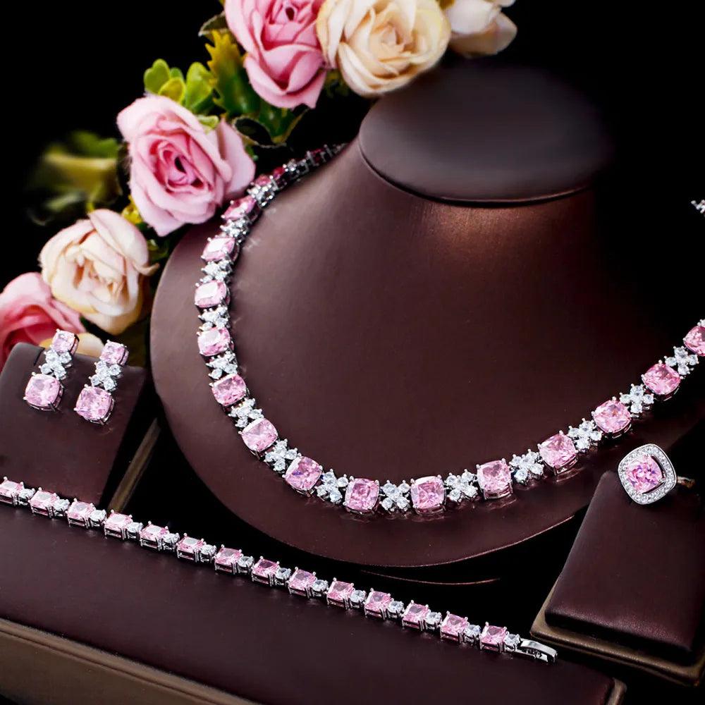 CZ Diamonds Necklace Earrings Set Pink Bridal Necklace -  UK