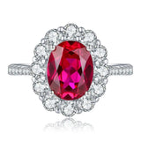 Classic Oval Cut Pigeon Blood Lab Created Ruby inlaid with High Quality AAAAA High Carbon Diamonds Fine Ring