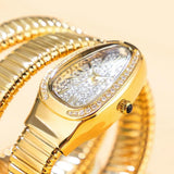 Iced Out Fashion Diamond Gold Steel Wrapped Strap Snake Bracelet Women's Watch - Quartz Watches for Women