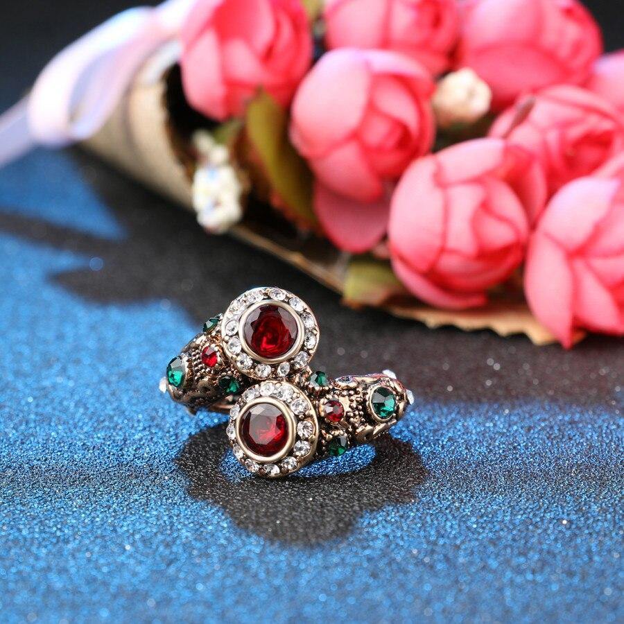 Antique Gold Color Double Head Red Gem Stone Finger Red Ring - The Jewellery Supermarket
