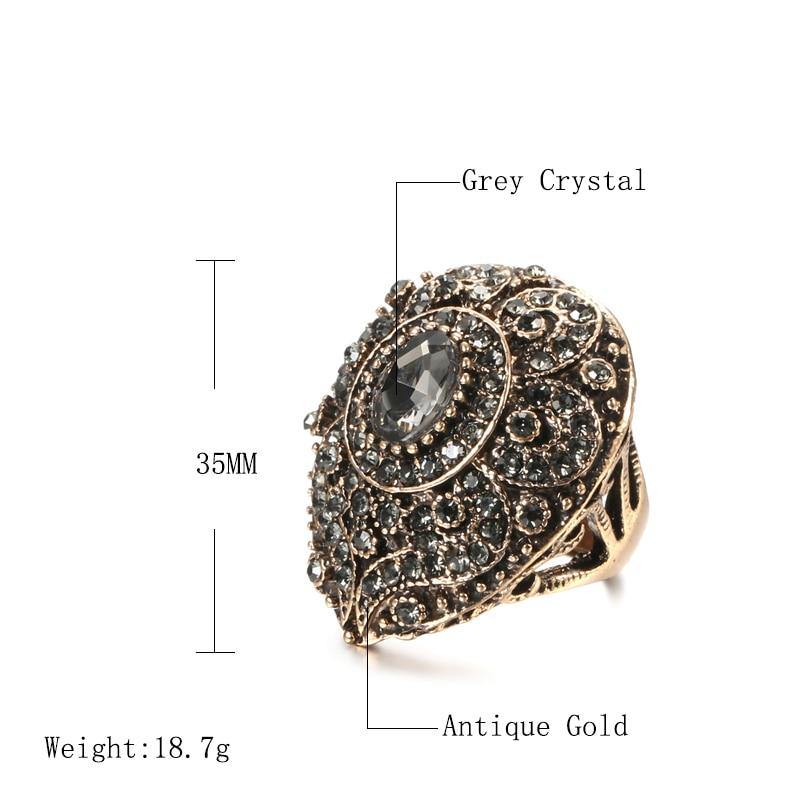 Boho Antique Gold Color Water Drops Vintage Grey Crystal Big Ring - The Jewellery Supermarket