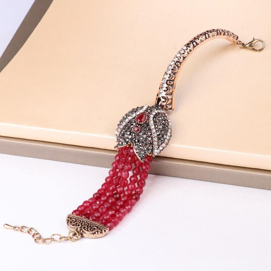 Charm Red Natural Stone Gold Covered Grey Crystal Antique Bracelet - The Jewellery Supermarket
